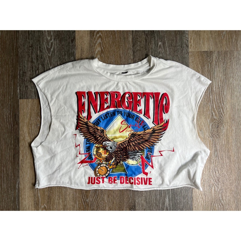 Graphic Muscle Tee Mens XL White Energetic Eagle Cropped Raw Hem