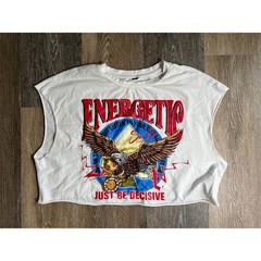 Graphic Muscle Tee Mens XL White Energetic Eagle Cropped Raw Hem