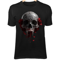 Vampire Skull T-Shirt – Blood Dripping Fangs, Gothic Filigree, Dark Rose Art