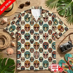 Mexican Luchador Masks Button Down Hawaiian Shirt, Lucha Libre Hawaiian Style