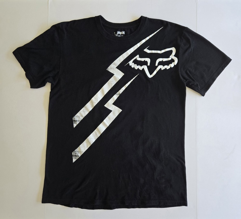 Fox Logo T-shirt Lightening 100% Cotton Size Large Long Length Black and White