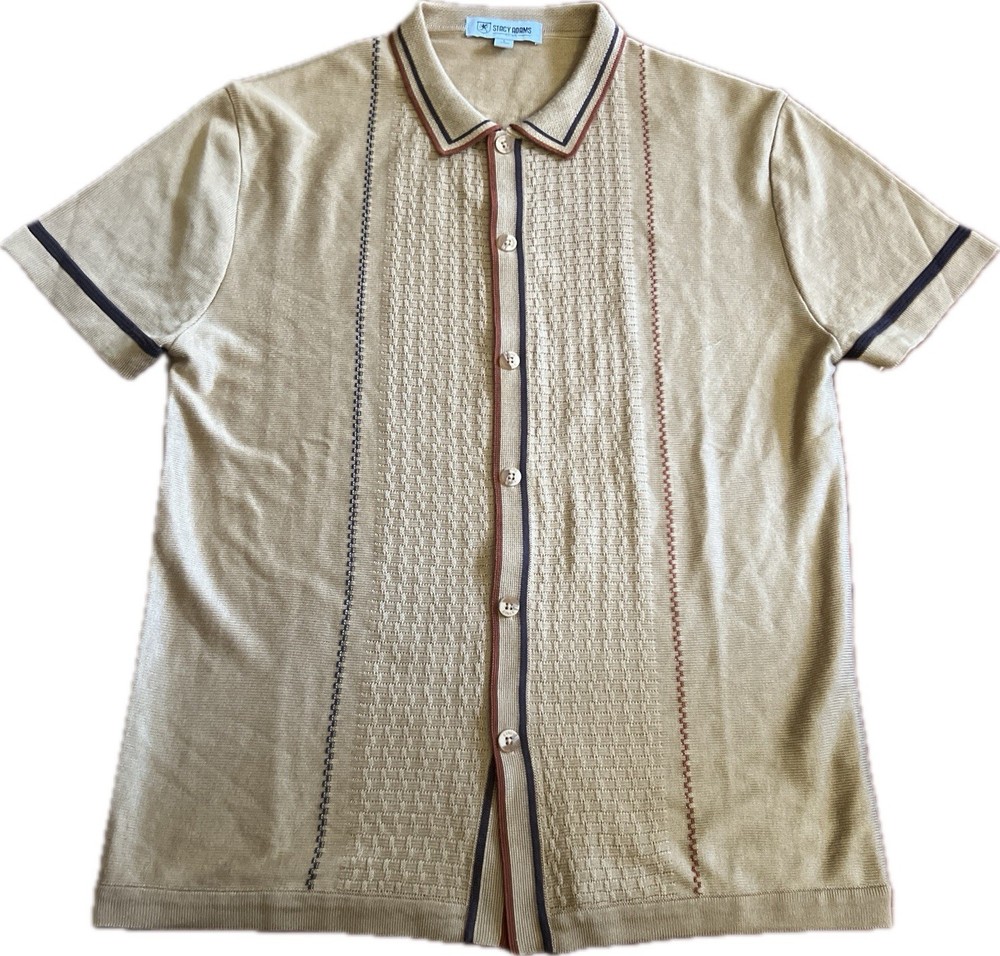 Stacy Adams Full Button Up Brown Polo Dress Shirt Men’s L Knit Embroidered Retro