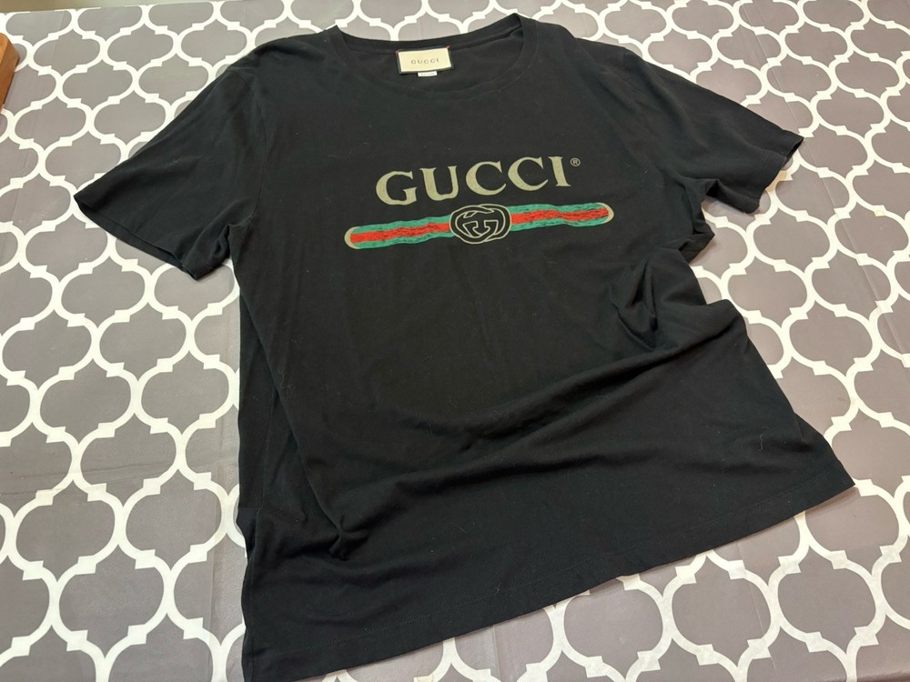 GUCCI Classic Logo black Cotton T Shirt Unisex Size Large