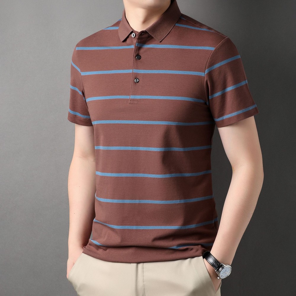 Men’s Fashion Striped Business Casual Loose Fashion Cotton Lapel Polo T-shirt