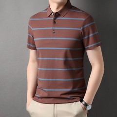 Men’s Fashion Striped Business Casual Loose Fashion Cotton Lapel Polo T-shirt