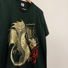 Vintage 90s Gold Metallic Foil Dragon Asian Tee Shirt Green Large Single Stitch