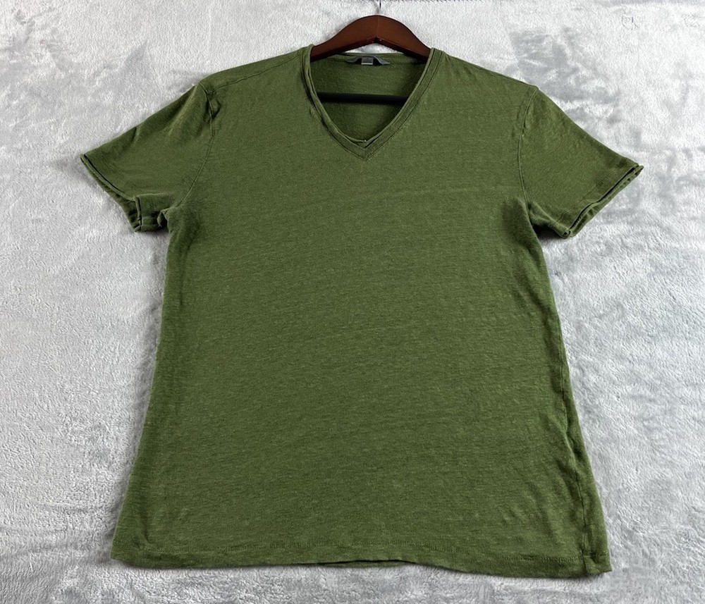 John Varvatos Wooster Shirt Mens Medium Green Linen Slim Fit V Neck Casual READ