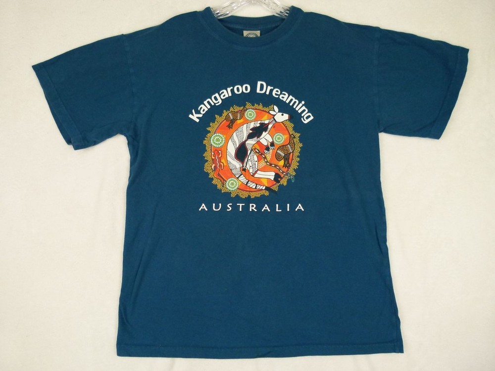 Australia Mens Large Blue Kangaroo Dreaming Graphic Cotton T-Shirt