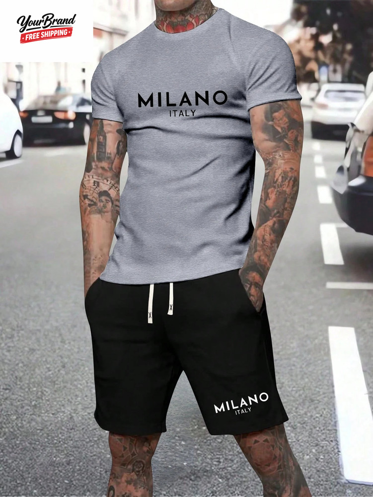 Man Soild Color Letter Print Sports T-Shirt Shorts Set Summer Men’S Short Sleeve