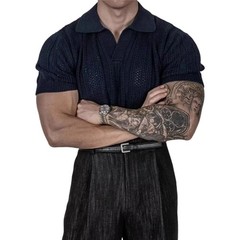 Men Hollow Lapel T Shirt Knitted Texture Fabric Korean Style for Daily Outings