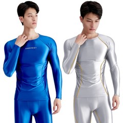 AMORESY Men Glossy Satin Oil Long-Sleeve Fitness T-Shirt Round Neck Running Tops