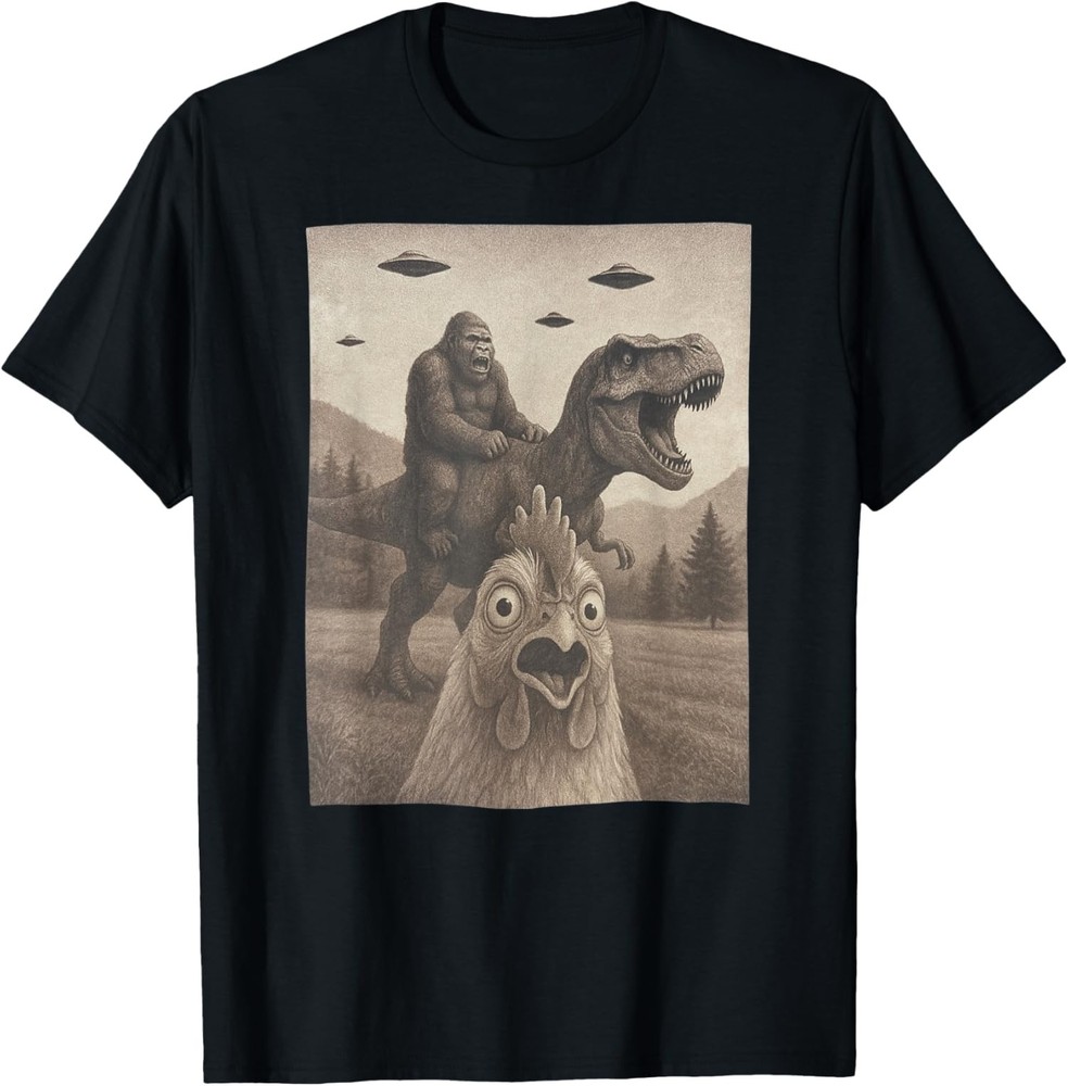 Funny Chicken, Chicken Selfie Bigfoot Riding T rex Fu Unisex T-Shirt