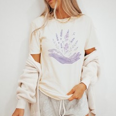 Botanical Hands Watercolor Graphic Tee Lavender Floral Nature Art