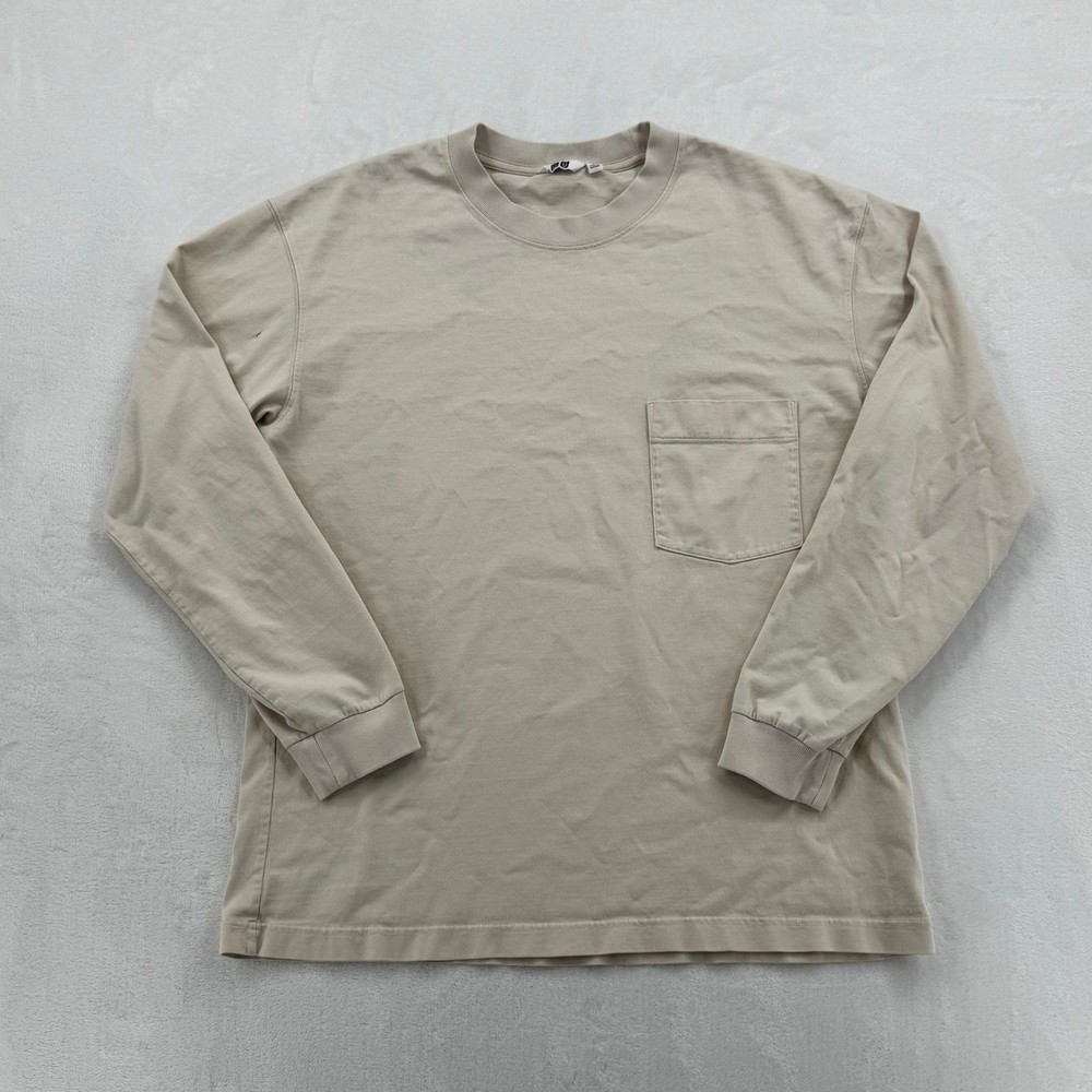 Men’s Uniqlo U Pocket T-Shirt Large Beige Good Long Sleeve Crew Neck