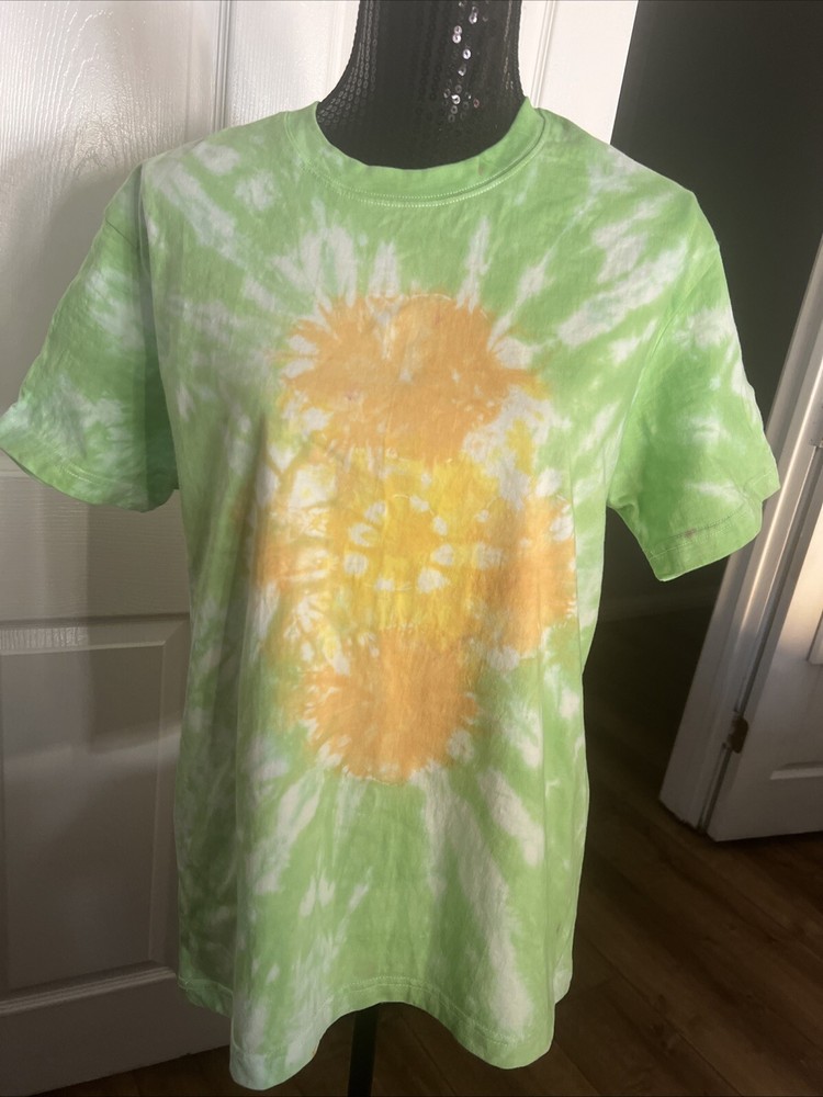 Tie Dye Unisex T Shirt Green Orange & Yellow XL Chest Size 20 in & Length 27 in