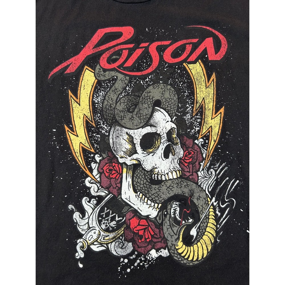 Poison Rock Band 2018 Skull & Snake Graphic T-Shirt XL Black Flaming Skull