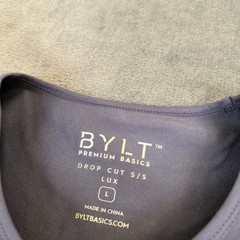 BYLT Drop Cut Lux T Shirt Mens Large Blue Curved Hem Stretch Short Sleeve