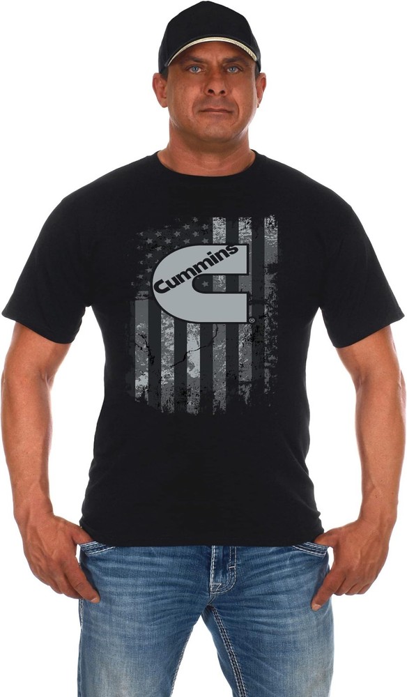 JH Design Men’s Cummins Diesel American Flag Black Crew Neck Shirt