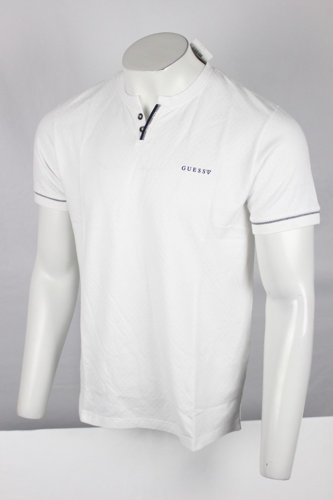 Guess Men’s Ricardo Short Sleeve Slit Henley T Shirt Pure White Textured