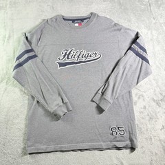 VTG Tommy Hilfiger Mens Long Sleeve Graphic T Shirt Gray Size L 85 Logo