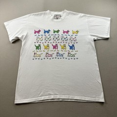 Vintage Dogs Cats T-Shirt Mens Medium White Pastel Animals Pets Paw Cartoon 90s