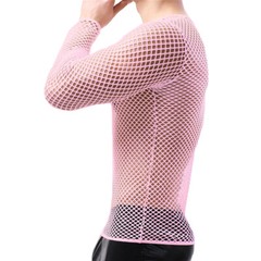 Mens Fishnet Shirts Mesh Transparent Long-Sleeve Muscle T-Shirt Undershirt Tops