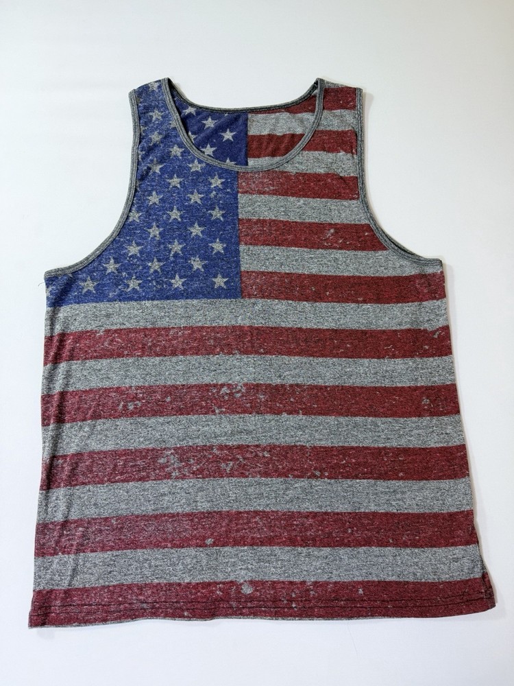 American Flag Patriotic Tank Top Red White Blue Gray Distressed Mens Sz XL