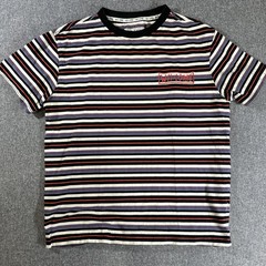 Welcome Striped T Shirt Mens Medium Purple Black Streetwear Graphic Tee
