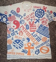 Vintage 80s Peace Love Not War Hippie Psychedelic Single Stitch AOP Shirt Sz XL