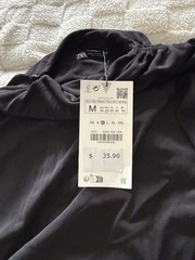 Zara Shirt Womens M Black high Neck Short Sleeve Drawstring Stretch NWT