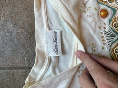 Laura Lance Embellished Art Deco T Shirt Beige Beaded Leaf Graphic Top