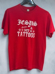 Jesus Loves Me & My Tattoos Mens L Red Graphic Tee Nautical Star Tattoo Gildan