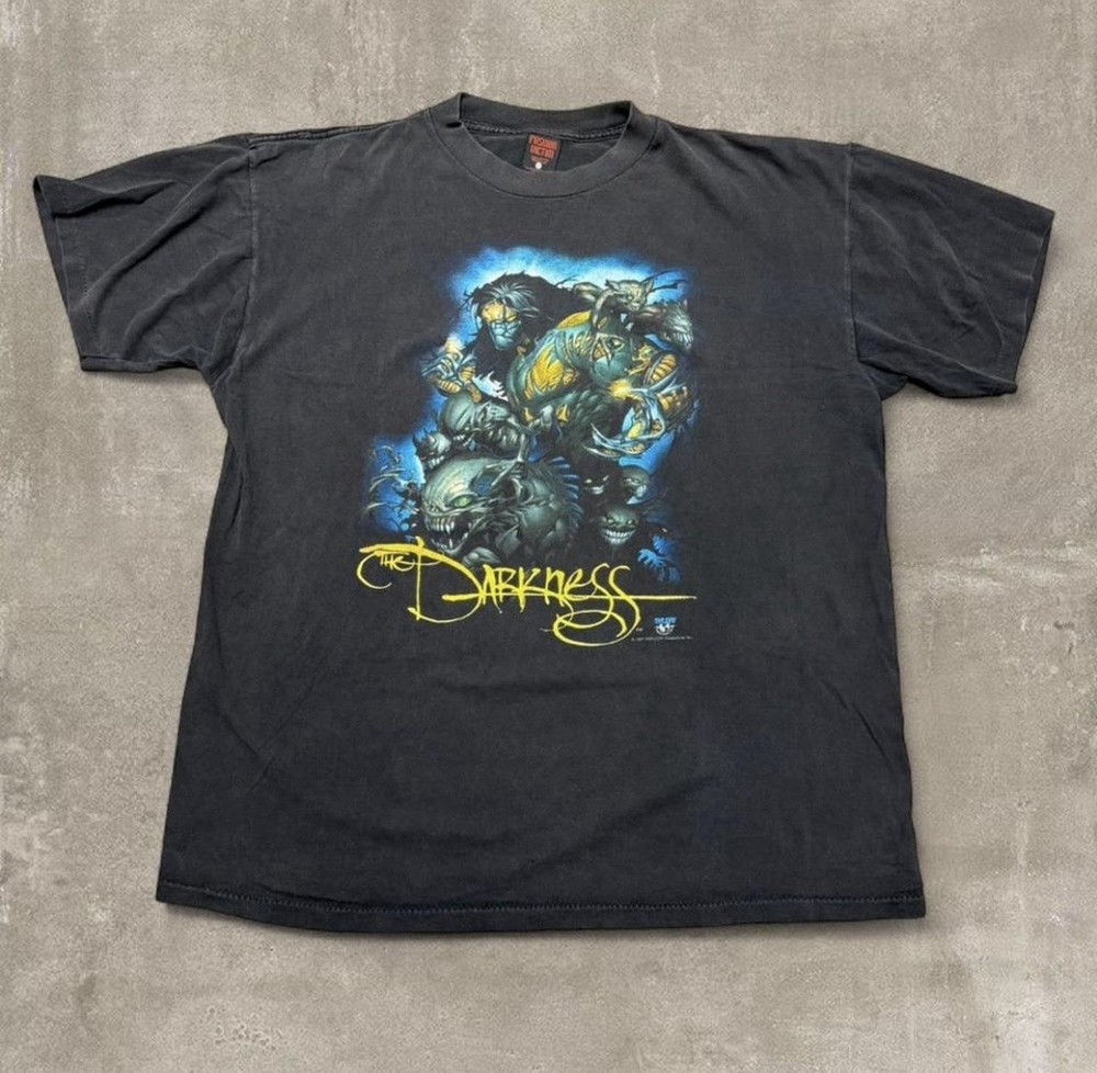 Fashion Victim The Darkness Graphic Print Black Cotton Knit T-Shirt Men’s XL