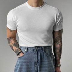 Men’s Athletic Ribbed T-Shirt Short Sleeve Small High Collar Training Wear