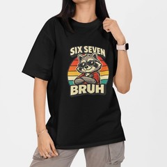 SIX SEVEN BRUH Funny Raccoon Rainbow Graphic 100% Cotton T-Shirt Humor Tee