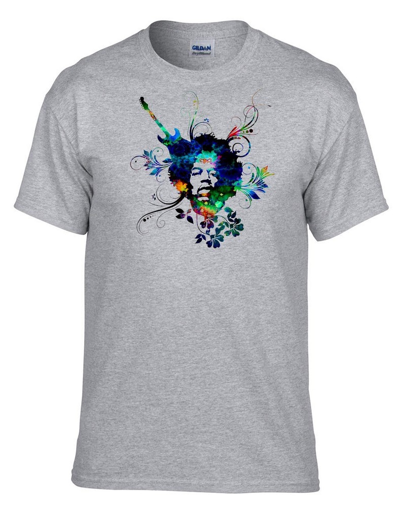 Jimi Hendrix Flowers Music Grey T-Shirt -003_Grey