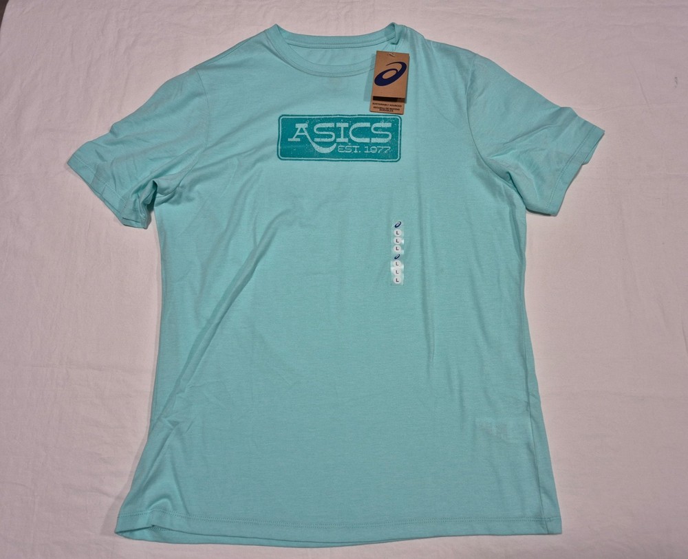 Asics Mens Stripe SS Training Running Gym Sports shirt Sea Green Size Large