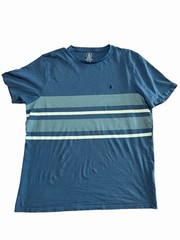 Cool Volcom 90s surf skate Men Blue Striped Logo Crew Neck Short Sleeve Size XL
