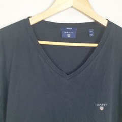 Gant T Shirt Mens 2XL Black Shield Logo Classic Preppy Casual Minimalist V Neck