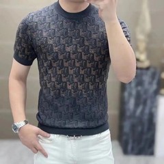 Men’s Premium Jacquard Knit Short Sleeve Sweater Hip Hop Fashion T-Shirt