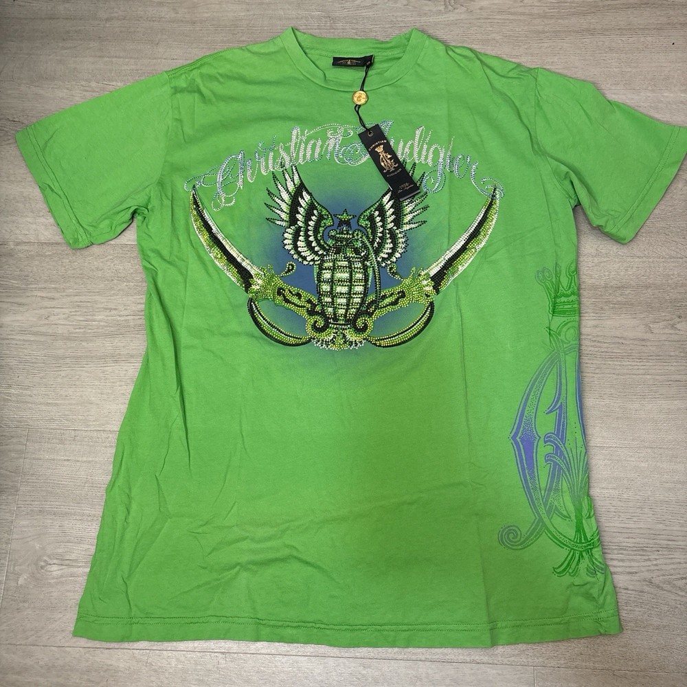Vintage Rare Christian Audigier Blue Foil Tee Rhinestone New