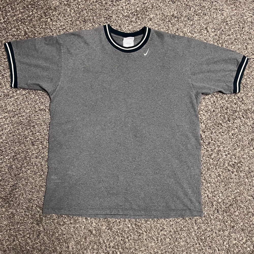 1990’s Vintage Nike Striped Ringer T Shirt Size Large Grey Navy