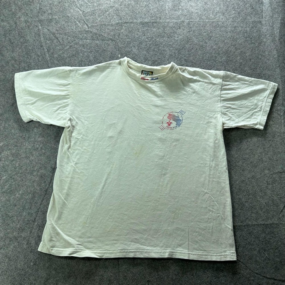 VTG Costa Rica Shirt Mens L White Graphic Tee Embroidered Map Logo Lightweight