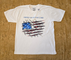 “AMERICAN TO THE CORE” Red, White & Blue” White T-shirt. Sz. Large. * NWT *