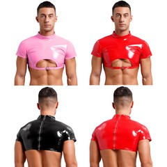 Mens Clubwear Nightout Crop Top Shiny Vest Halloween Costume Half Tops Glossy