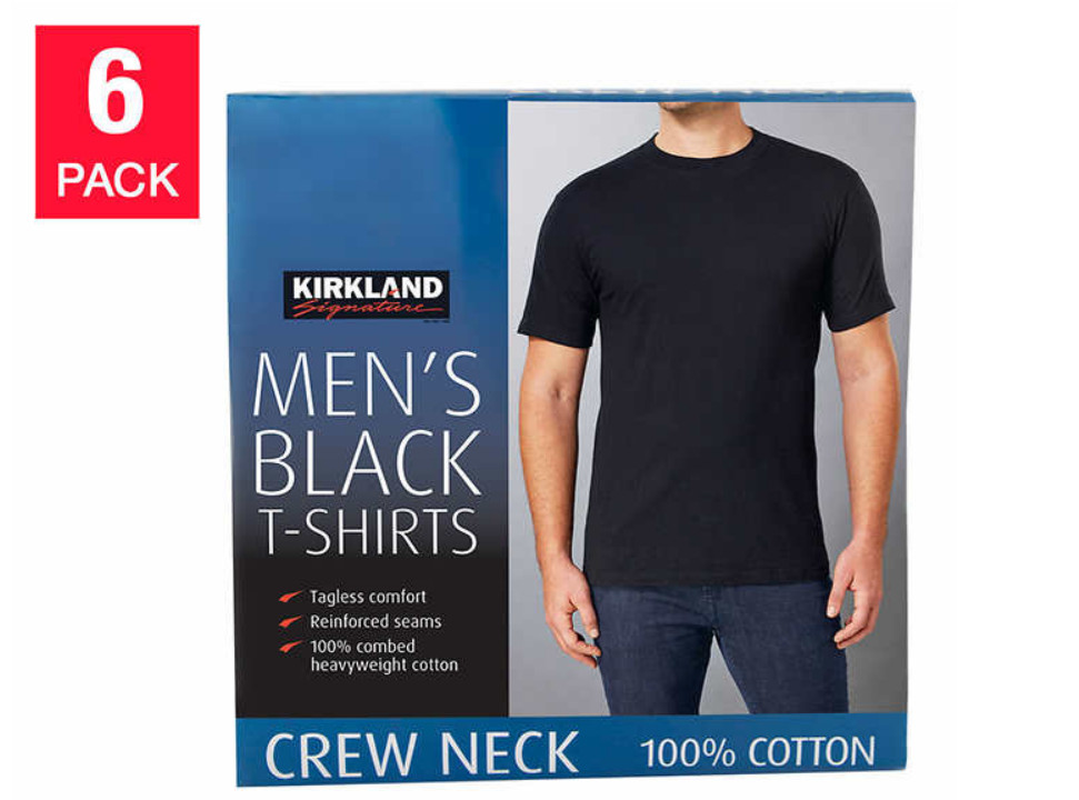 NEW 6 pack of Kirkland T Shirts men’s BLACK Crew Neck 100% Cotton Tees PICK SIZE