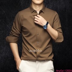 Spring Mens Long Sleeve Shirt Silk Cotton Business Casual Formal Slim Fit Shirts