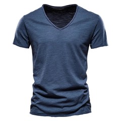 Brand Quality 100% Cotton Men T-shirt V-neck Fashion Design Slim Fit Soild Male