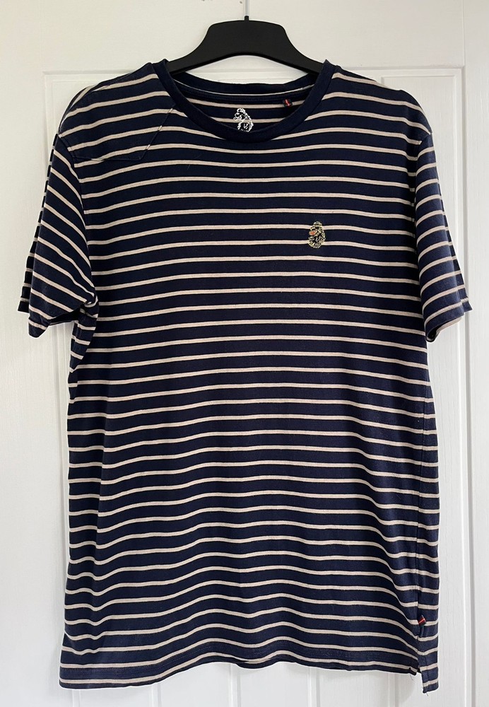 Luke Sport Men’s Navy Beige Striped T-Shirt Large Crew Neck Cotton Modal