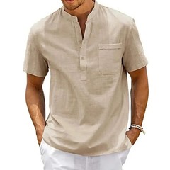 Men Cotton Linen Henley Shirt Summer Casual Beach Short Sleeve Tshirt Top Gift